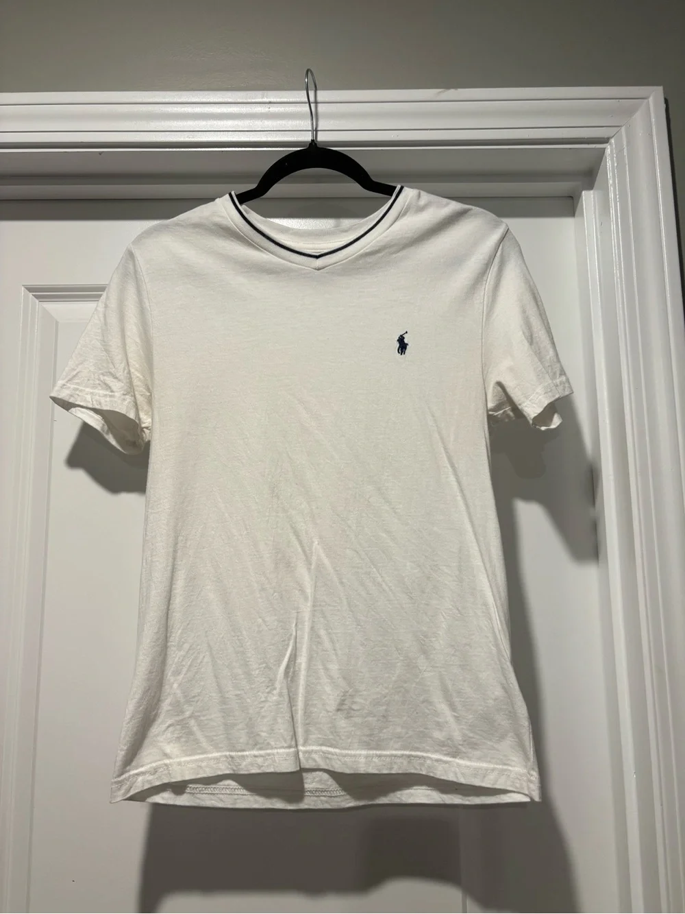 Polo Ralph Lauren V Neck T Shirt Youth Medium (10-12) White/ Navy Blue Pony Logo